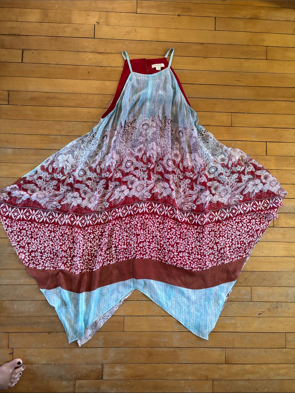 EUC Boho Floral Handkerchief Hem Dress in Red and Light Blue
